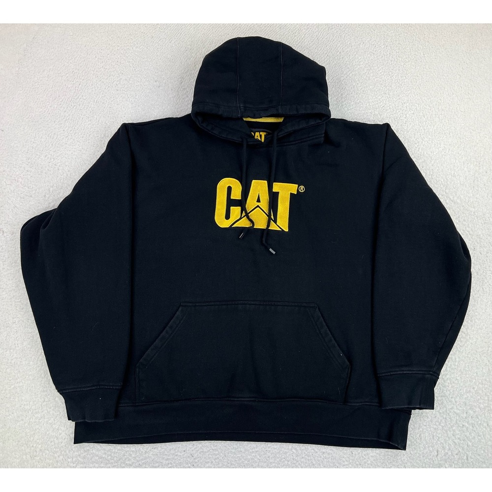 CAT Hoodie Mens 4XL Black Fleece Pullover Logo Graphic Kangaroo Sweatshirt